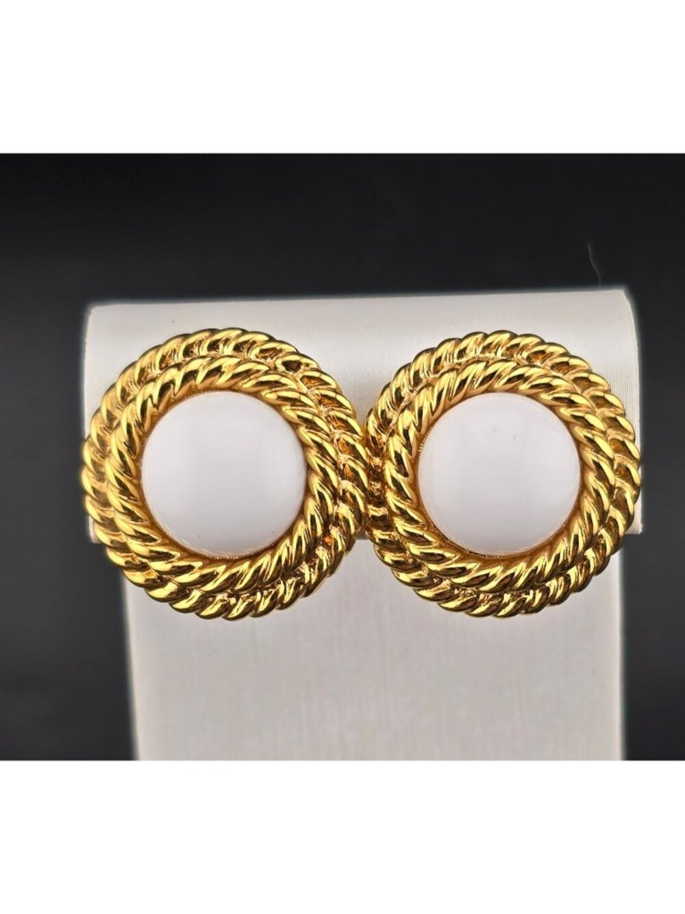Vintage Napier Gold Tone Rope White Cabochon Pierced Earrings